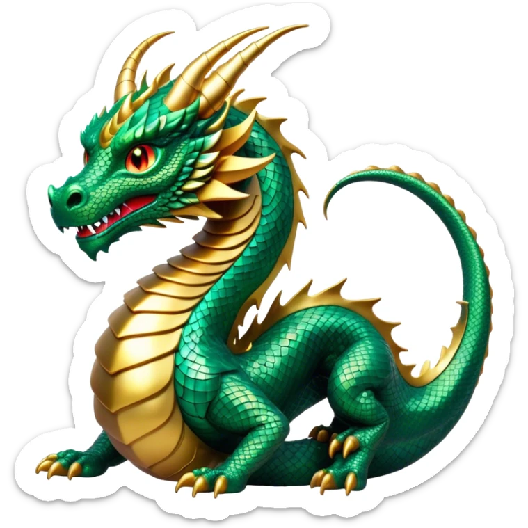 Cinematic Noble Dragon Portrait Emoji, Poised and majestic, with a sinuous, elongated body covered in intricately detailed, shimmering scales in hues of emerald and gold, and piercing, fiery eyes that reflect ancient wisdom; rendered with lifelike texture and natural highlights, high shine, intelligent and formidable, styled with an aura of mythic power, focused and attentive, soft glowing outline, capturing the essence of a legendary dragon that appears ready to soar out of the screen with timeless authority! sticker