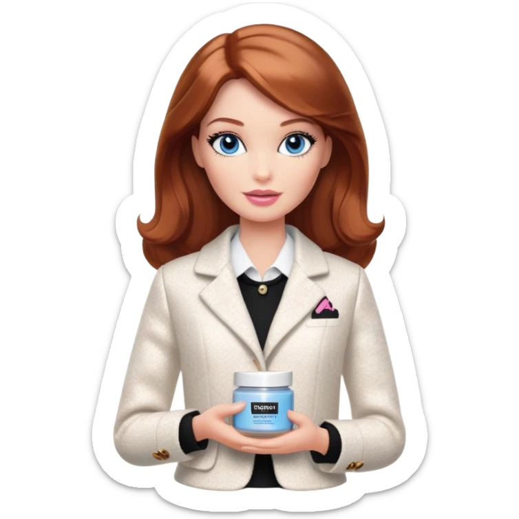 A Barbie girl with blue eyes, shoulder-length reddish-brown hair with makeup, wearing a white tweed jacket and a black skirt, body cream pot sticker