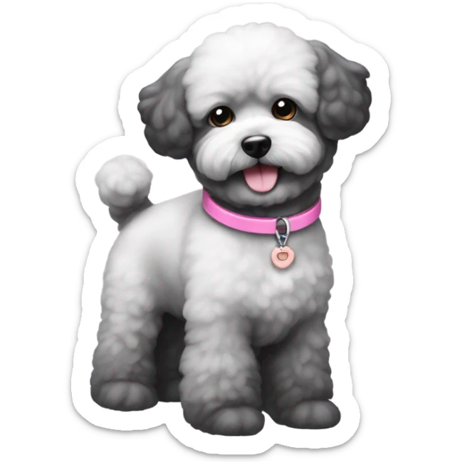 Black bichon dog with the tiniest amount of gray and a pink collar sticker