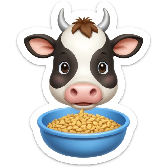 cute cow eating animal feed, hay and grains in a feeding bowl, 3D cartoon, mobile game icon style, clean background, no text, no watermark
 sticker