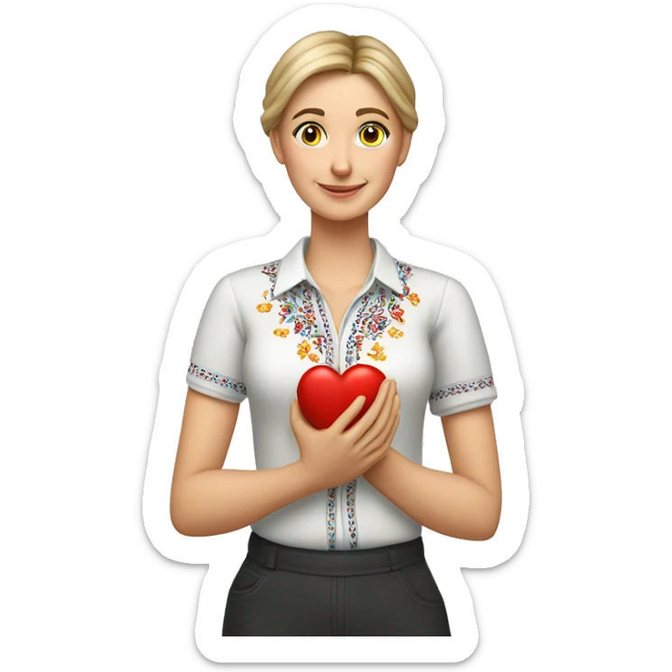 A Ukrainian teacher in an embroidered shirt holds a heart in her hands sticker