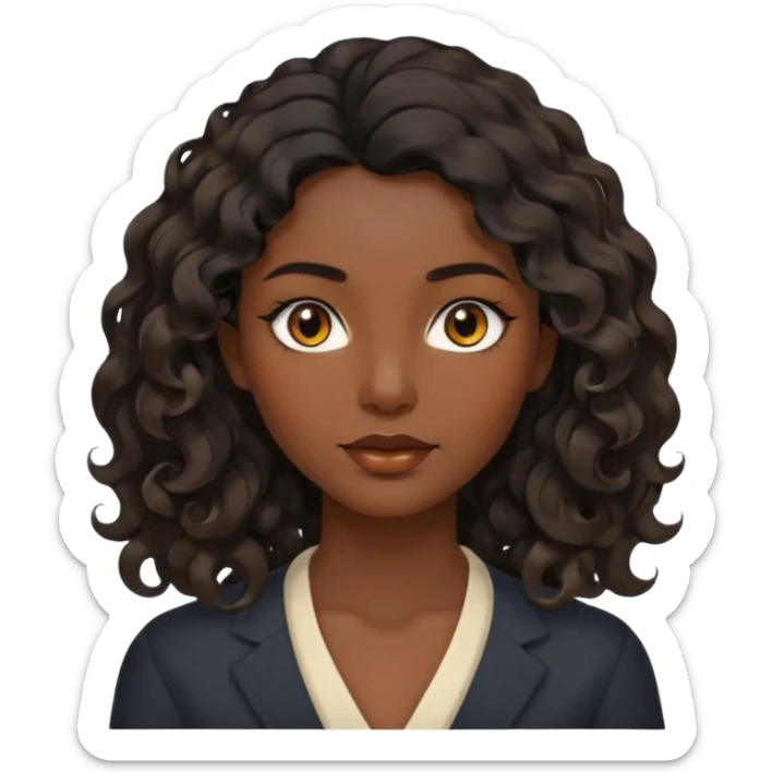 this avatar of 30th year-woman has shoulder-length black wavy hair with loose curls framing the face, and a long, pointed face, black skin with golden-brown eyes and a calm, neutral expression. sticker