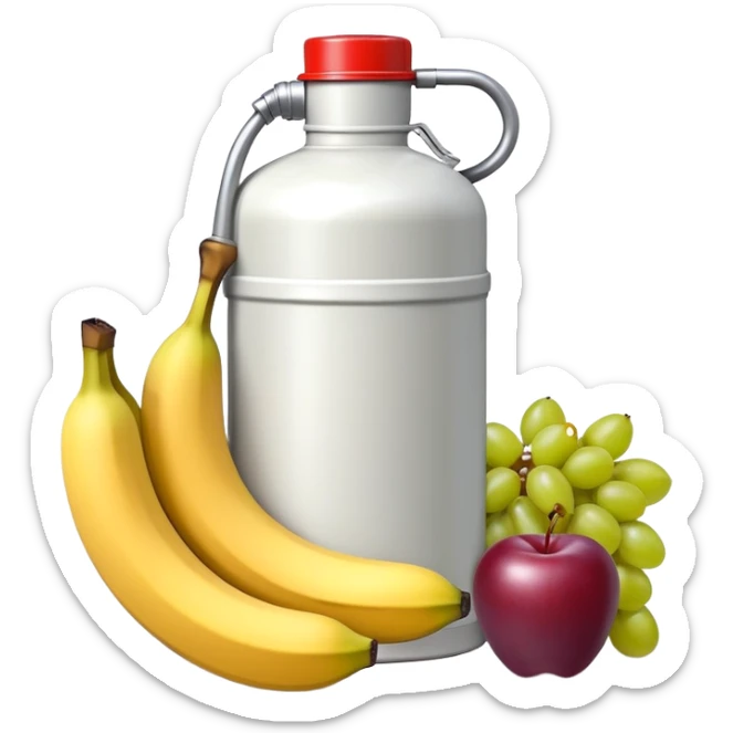 gasoline canister surrounded by a banana, an apple, and grapes, fuel can with fruits arranged around it sticker
