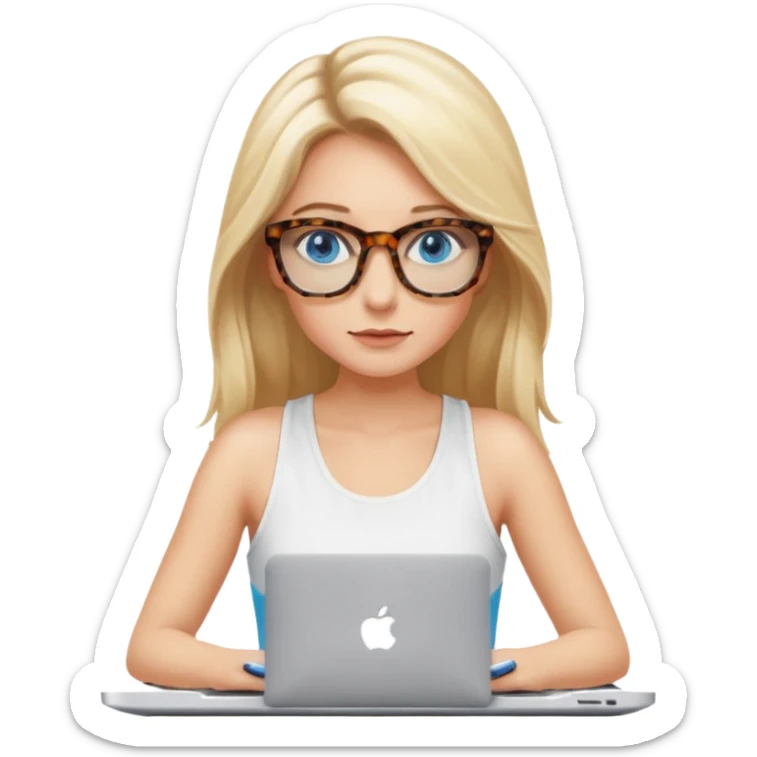 long blonde hair woman blue eyes with tortoise shell print glasses wearing white tank top on mac book  sticker