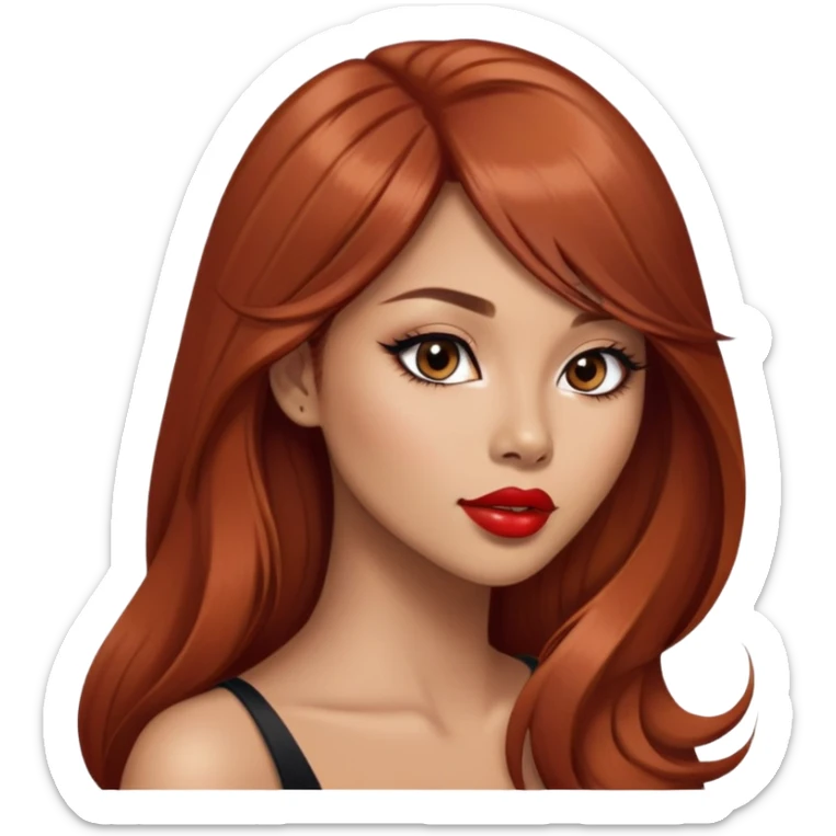 gorgeous woman, light tan skin, very long auburn hair, side bangs, black eyes, lipstick, model, latina, asian, mixed sticker
