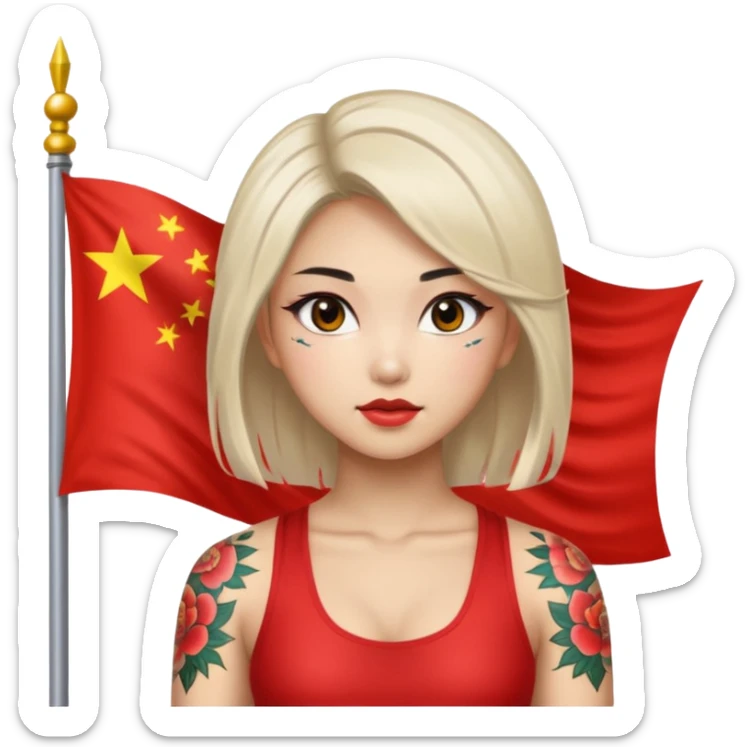sexy nude and very muscled asian chinese girl, asian hair, asian sexy eyes, makeup, chinese nude sexy girl, sexy butt, sexy boobs, floral tattoes, flag of china, flexing sticker