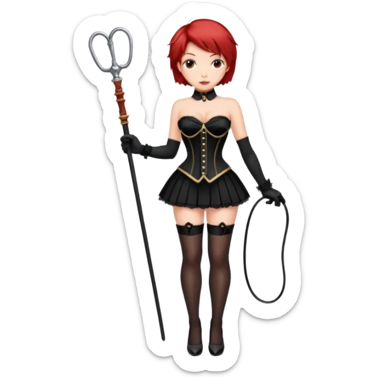 Mistress red short hair long black gloves small skirt black stockings high heels italian girl sexy black corset dominant girl e whip on hand sticker