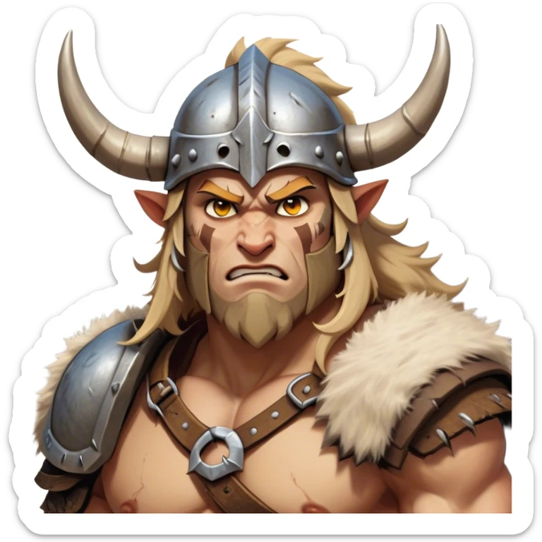 Cinematic Fierce Barbarian Portrait Emoji, Poised and bold with a rugged yet cartoonish build in tattered furs and a horned helmet, expressive bright eyes and a confident smirk, Simplified yet dynamic features, highly detailed, glowing with a vivid, adventurous aura, high shine, heroic and spirited, stylized with an air of medieval warrior charm, focused and energetic, soft glowing outline, capturing the essence of a fearless barbarian adventurer ready to lead his clan with spirited valor! sticker