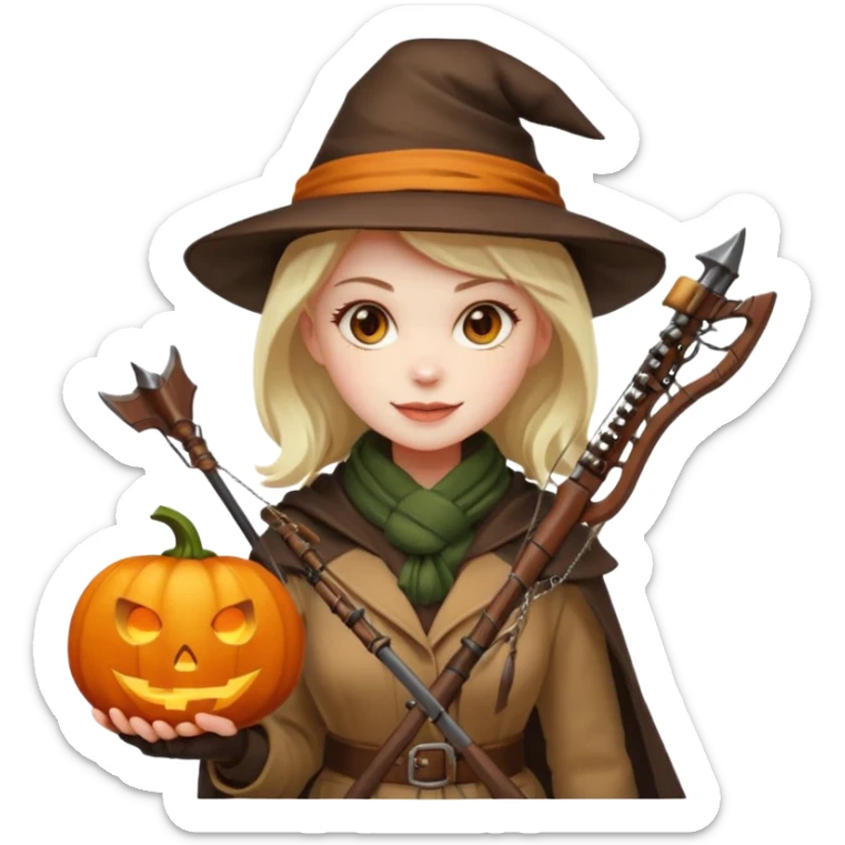 female human monster hunter emoji, wearing brown coat and hat, holding crossbow, soft smile, scarf, glowing pumpkin by her side, Halloween fantasy style, clean vector Apple emoji look, bright colors, white background, square sticker