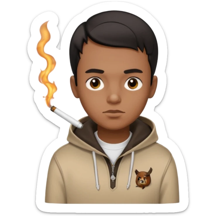 Brown boy with neat black combover hairstyle smoking and wearing Burberry polo hoodie sticker