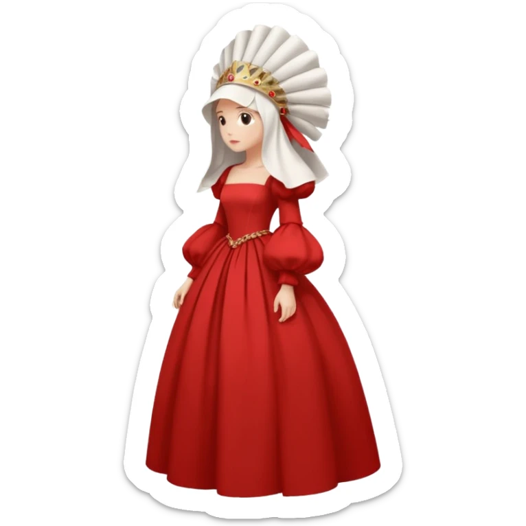 mujer de perfil con un vestido rojo de manga y falsas largas y voluptosas, y una toca blanca GRANDE que cubre su cara de perfil sticker