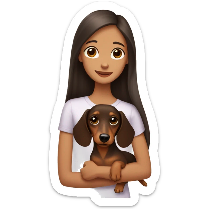A brown dachshund in the arms of a girl with dark long hair and brown eyes sticker