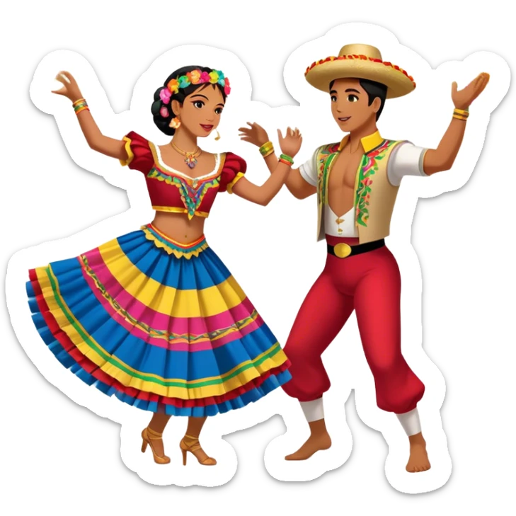 Cinematic Realistic scene of two dancers performing Cumbia, adorned in colorful traditional Colombian costumes with intricate details, captured in rhythmic motion with lively, festive lighting sticker