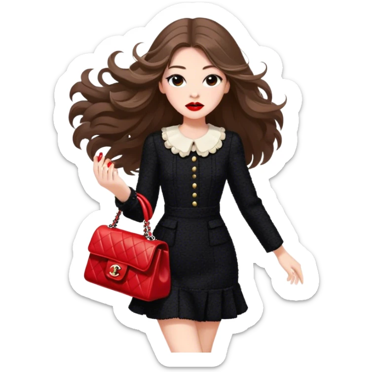 White girl with brown long hair dressed up in black chanel tweed dress carrying a red chanel bag and wearing red lipstick. Close up shot with wind blowing her hair looking fancy sticker