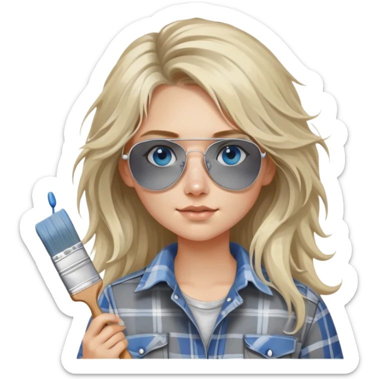 girl with long blond messy hair, "white paint on her face" wearing grey plaid shirt with blue eyes and aviator sunglasses wearing a ring on her silver necklace, holding a paint brush roller sticker