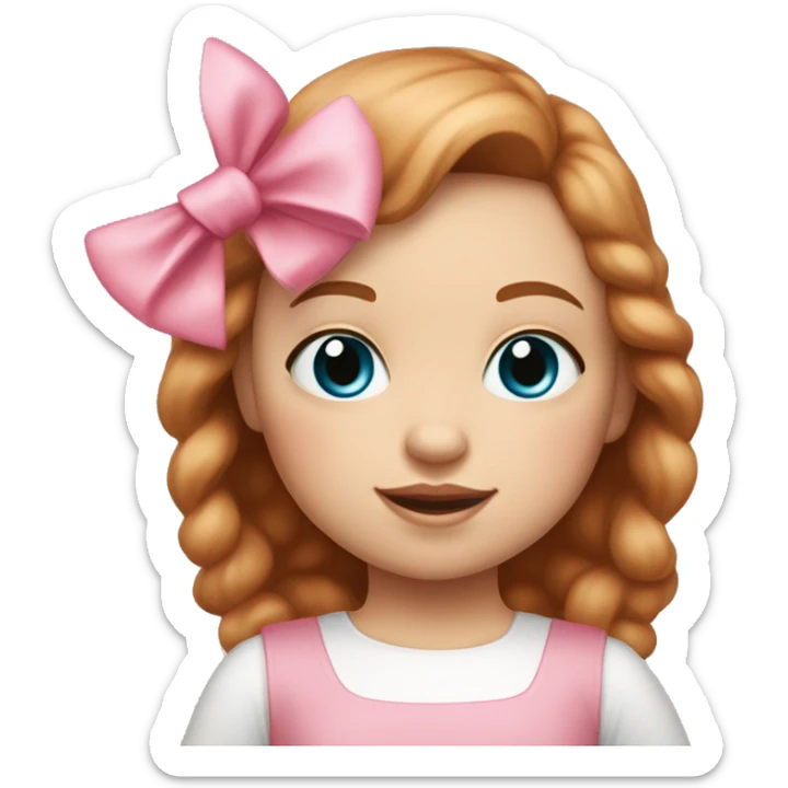 Little Girl with White skin, blue eyes. Light brown and red hair with pink bows.  She is wearing a pink and White dress, standing and holding on to a teddybear with a pink bows. sticker
