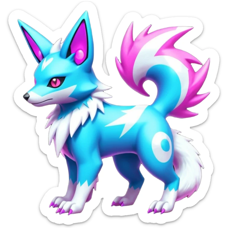 Neon glowing sparkly glittery White and magenta cyperpunk futuristic feral Zangoose-Manectric-Luxray-Umbreon-Vaporeon-Amaura-Electrike-fusion-creature  sticker