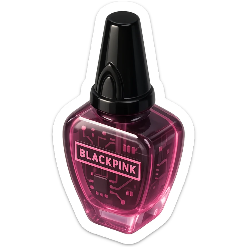 BLACKPINK-inspired gothic nail polish bottle, shiny and futuristic, black and pink, no hearts sticker