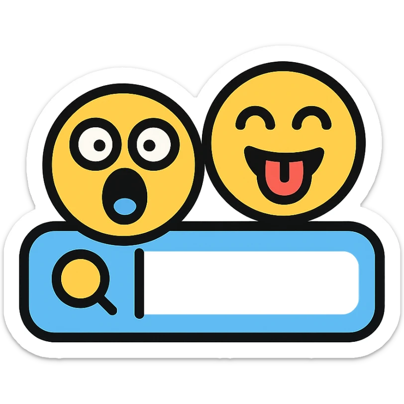 playful icon of a search bar with silly or surprised emoji faces popping out sticker