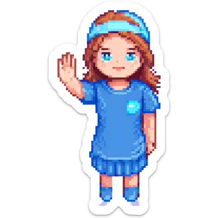 3D face of an activist girl waving her hand in a blue T-shirt sticker