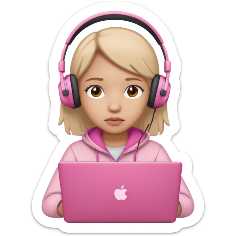 a girl with a pink laptop with headphones, color outline icon style, looking sad sticker