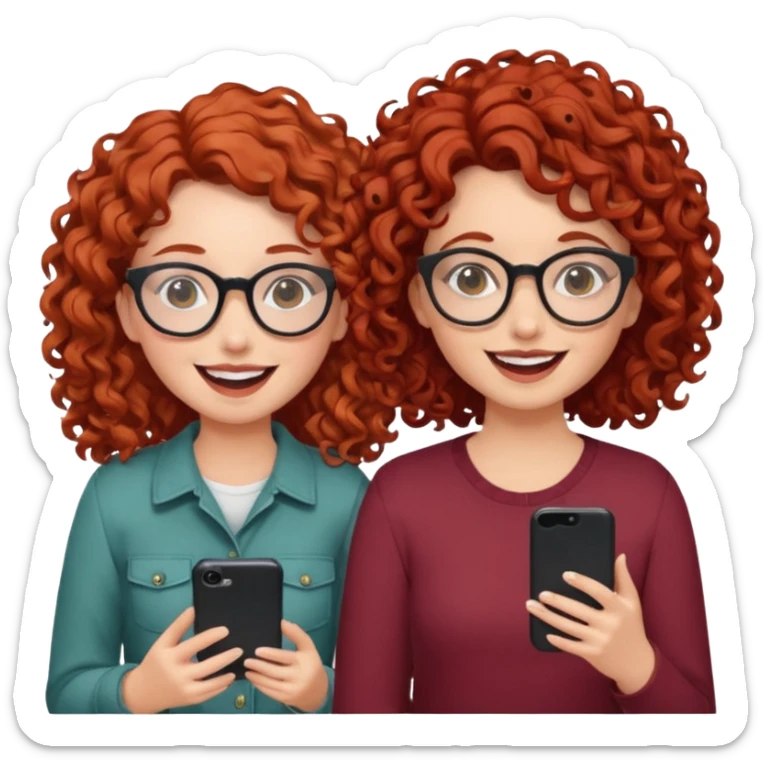 two girls. both white, one with curly red hair and glasses. one with curly brown hair. both giggling while doing a podcast sticker