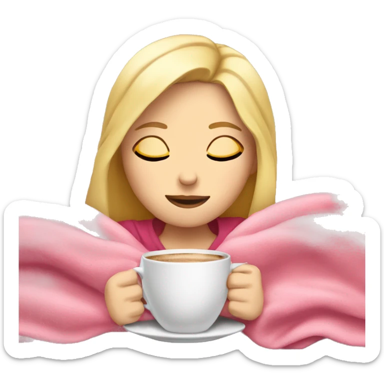 White Girl with blonde hair sipping coffee with eyes closed and pink blanket around head laying down on couch  sticker