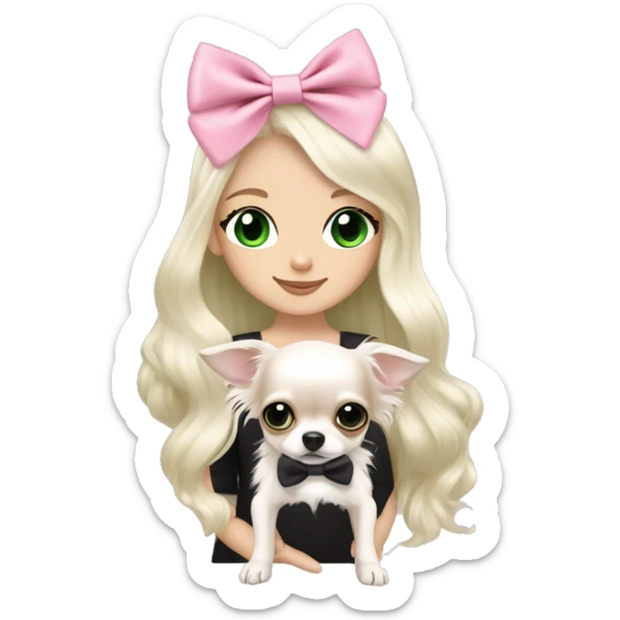 pale blonde girl with long platinum white wavy hair with bright green eyes and wearing a light pink hair bow holding a black and white long haired chihuahua puppy also wearing a hair bow sticker