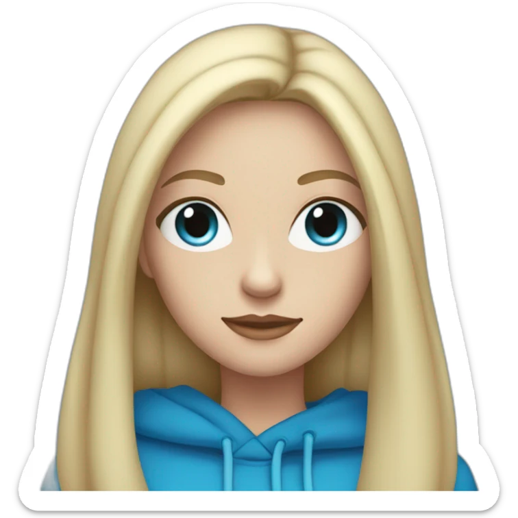 White woman with long black straight hair and blue eyes with long eyelashes and blue hoodie sticker
