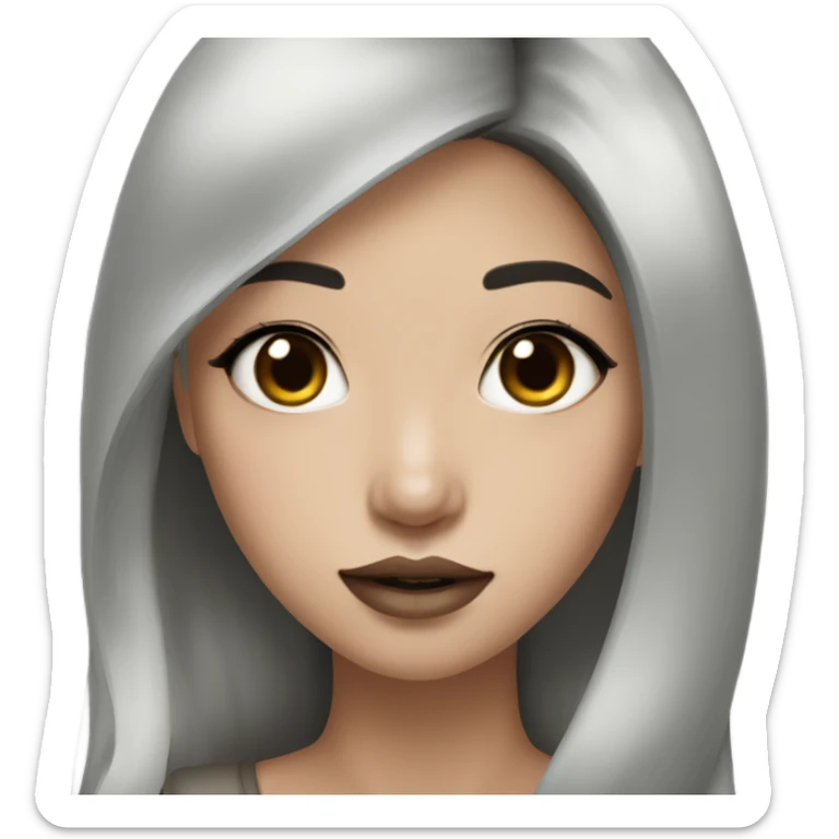 wasian girl with long dark brown hair and white/gray highlights and thick lashes and brown lipstick sticker