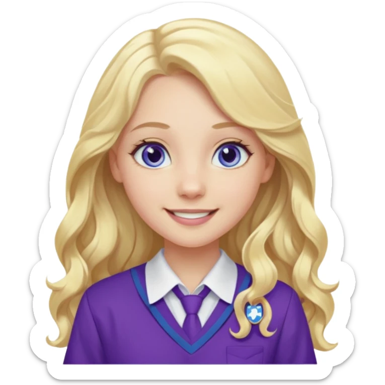 A pale girl with blue eyes and long and blonde , wavy hair , smiling wearing a purple school uniform  sticker