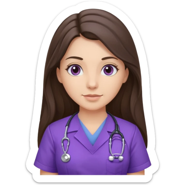 pretty brunette nurse with long hair in purple scrubs sticker