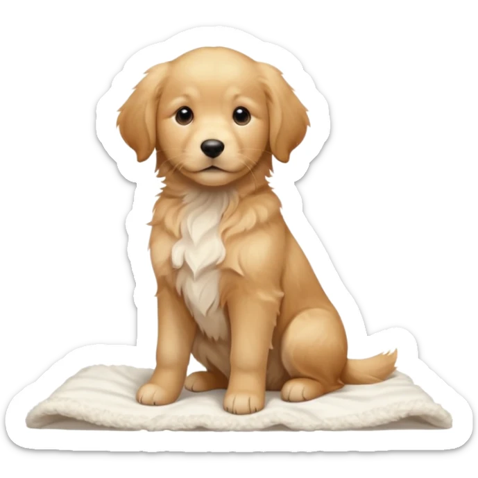 A Golden Retriever puppy standing peacefully on a soft blanket indoors. Cozy home environment, natural lighting, soft focus, adorable realism. sticker