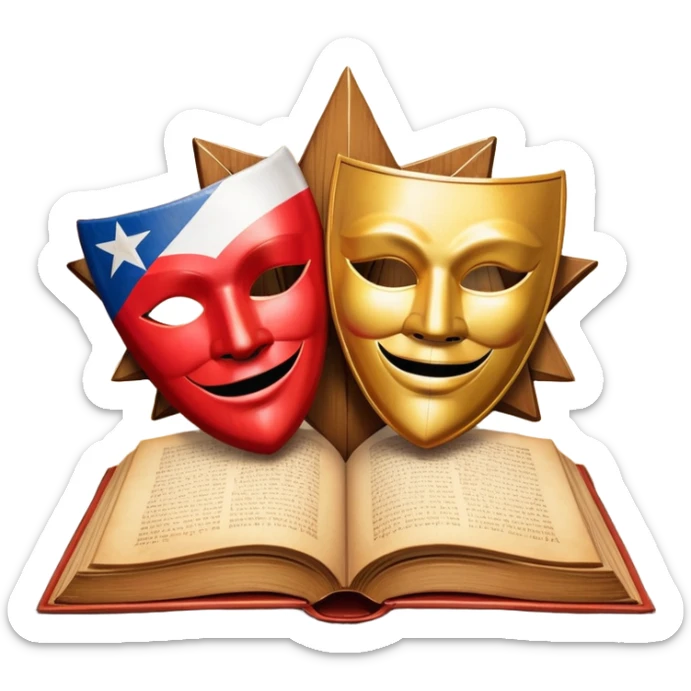 Ancient leatherbound book with prominent Puerto Rican flag star in center of cover, wooden theater masks and curtains framing the edges, warm amber glow emanating from pages, vintage textured parchment sticker
