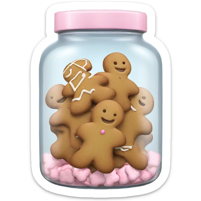 Realistic glass cookie jar with light pink lid full of gingerbread cookies isolated.  sticker
