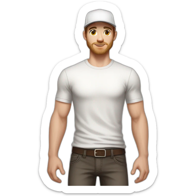 Pale skinned fit Man with dark brown hair in a light gray cap, dark brown jeans, brown polo and white T-shirt keeping a pasted with tape white box into his hands sticker