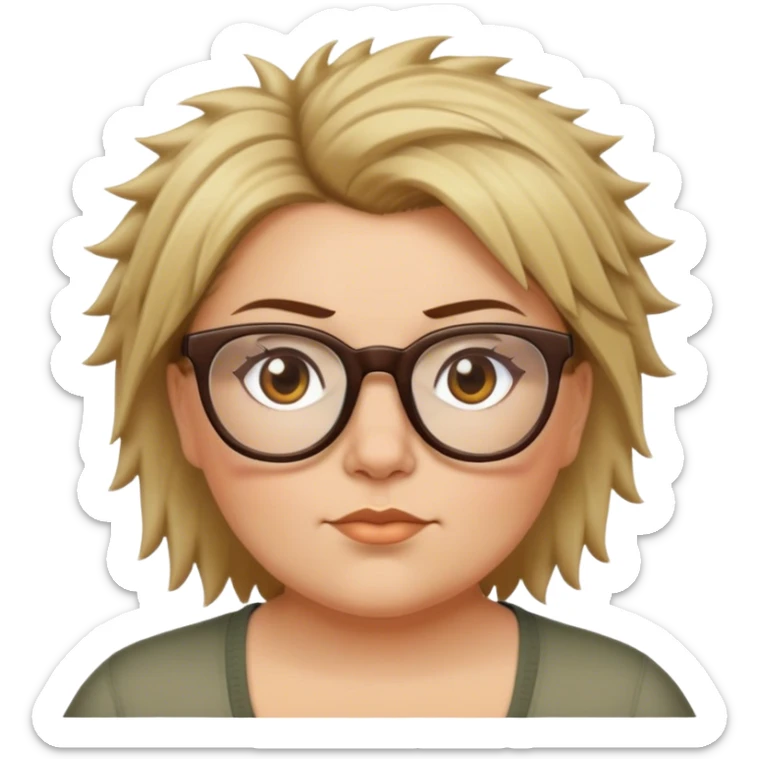 plus size white women with short medium brown and blonde shaggy spiked hair wearing glasses with hazel color eyes and flat nose sticker