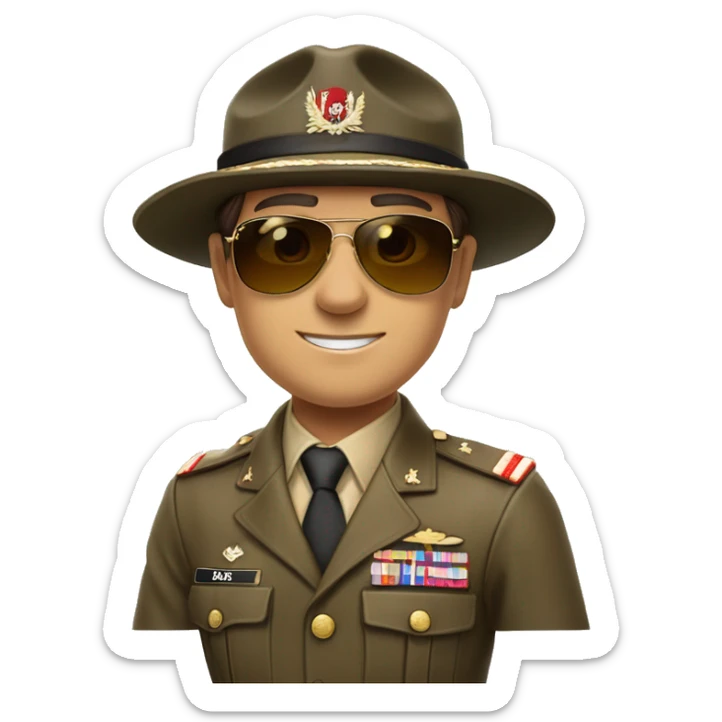 brown eyes, brown hair, ray ban sunglasses, commander of the land forces, white skin, he has a hat sticker
