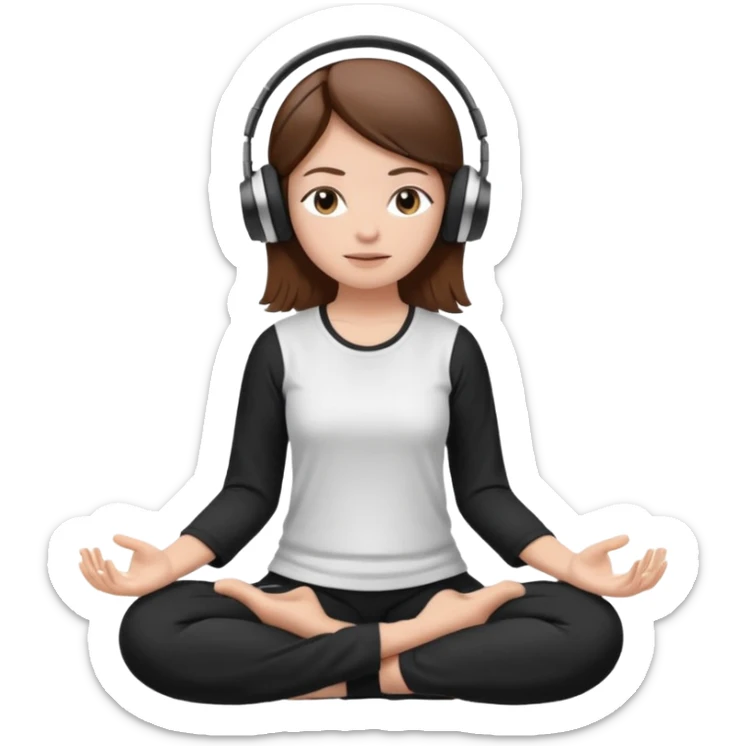 White girl, brown hair meditating with headphones on and black and white clothes sticker