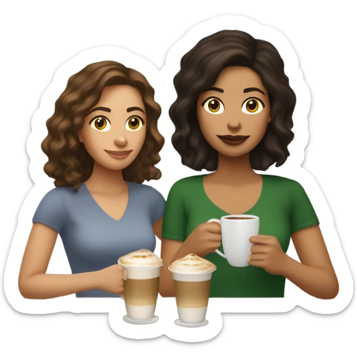 puerto rican woman light skin with shoulder-length, wavy, brown hair drinking latte with Italian woman with black, straight hair drinking espresso at table sticker