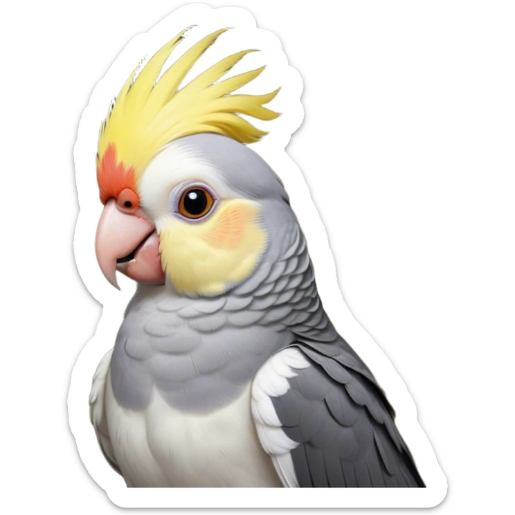 Cinematic Noble Cockatiel Portrait Emoji, Poised and regal, with a slender, delicate build and a beautifully groomed grey fur accented by vibrant yellow cheek patches and a graceful crest, deep-set soulful dark eyes, Simplified yet sharp and sophisticated features, highly detailed, glowing with a soft, dignified glow, high shine, intelligent and charming, stylized with an air of elegance, focused and attentive, soft glowing outline, capturing the essence of a watchful and confident avian companion, so majestic it feels as though it could flutter out of the screen with effortless authority! sticker