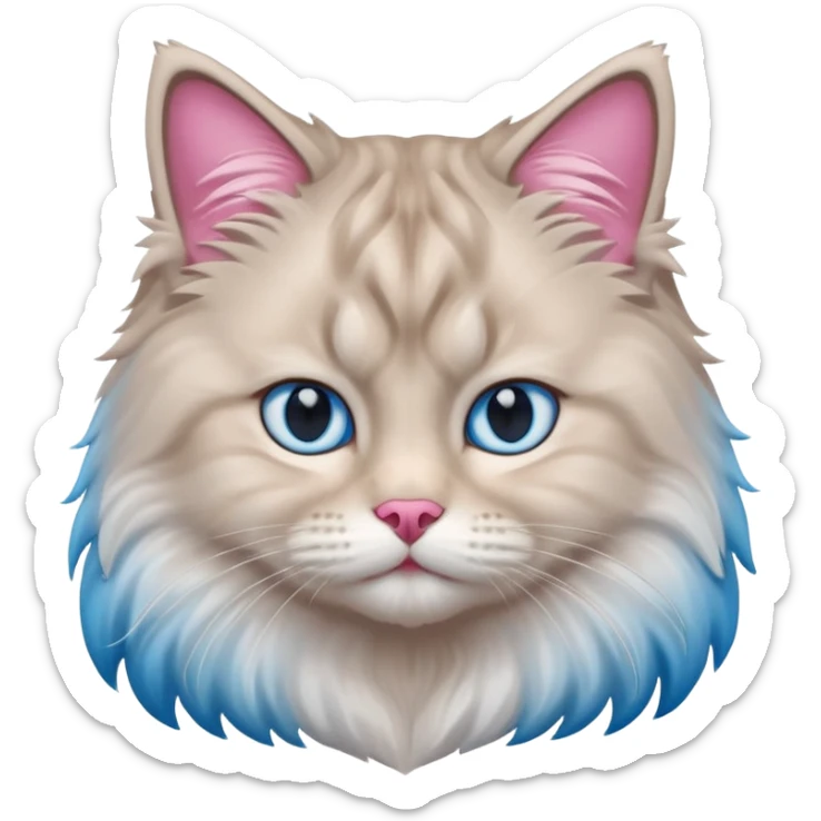 Fluffy Siberian cat face emoji, white and grey long hair, bright blue eyes, pink nose, friendly expression, 3D vector style, isolated on white background. sticker