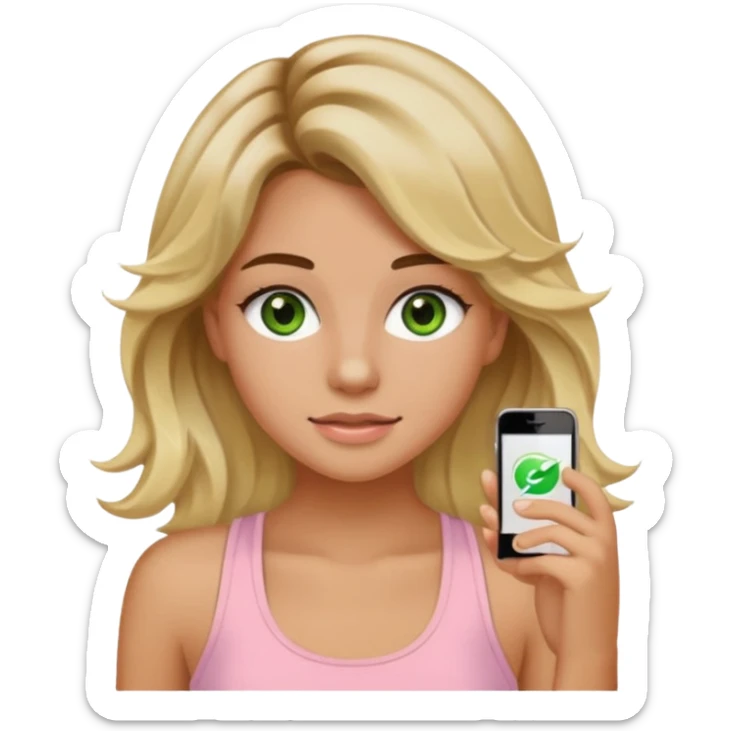 ca you make her hair a 20-year-old girl with long wavy hair brown roots blonde highlights green eyes brown eyebrows good summer tan iPhone emoji style with light pink tank top can you make her hair a little longer please sticker