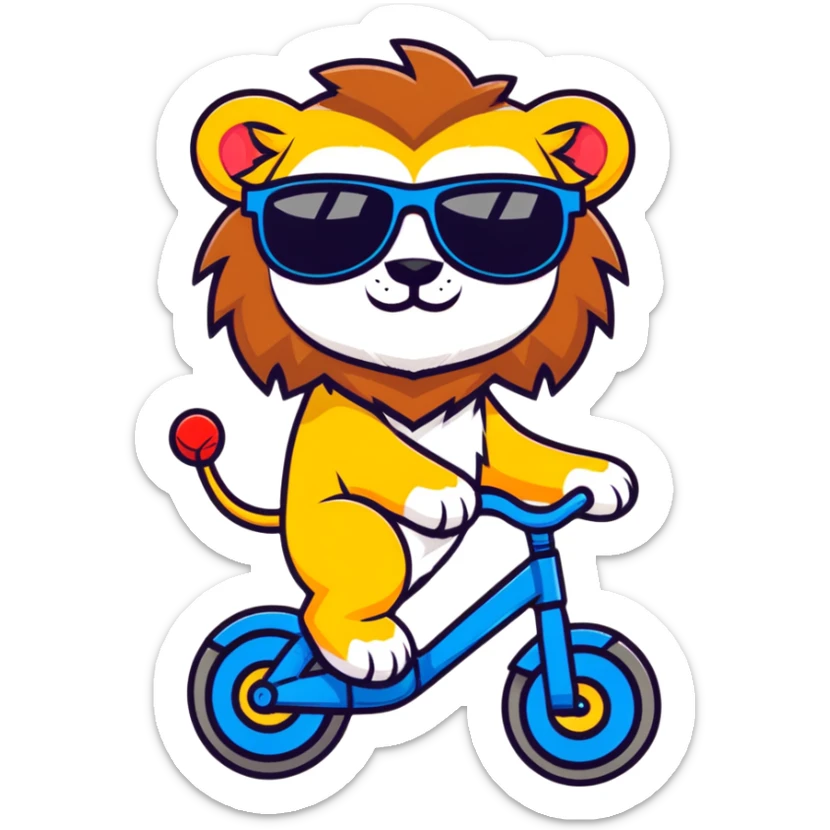lion riding a bike with sunglasses, cartoon sticker style sticker
