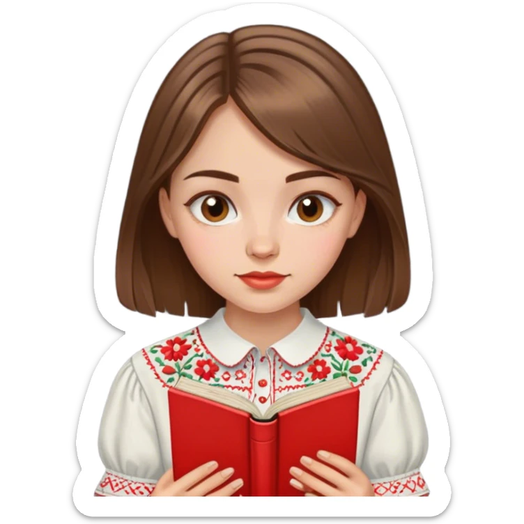 A Ukrainian girl with brown hair in an embroidered shirt reads a red book sticker