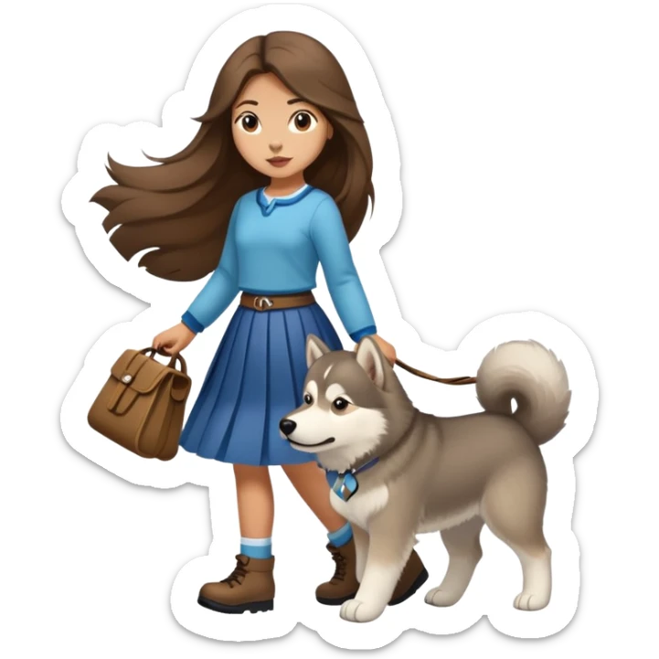 A girl with long brown hair and a skirt walking an Alaskan sticker
