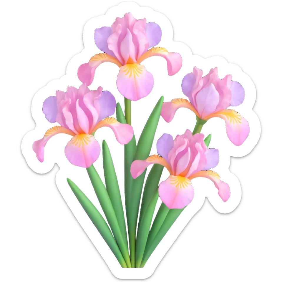 a pair of elegant iris flowers with soft pink petals and green stems, glossy finish, realistic textures, modern and clean look, soft lighting, iOS 3D emoji style sticker