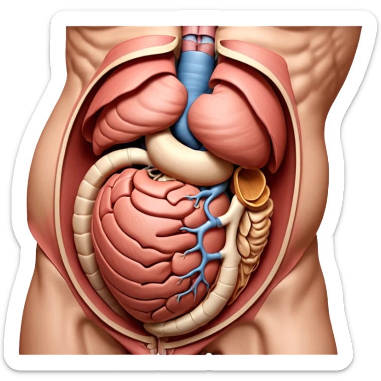 A highly detailed 3D accurate and anatomical model of the belly of a human. Medical illustration style, realistic lighting, neutral background, hyper-detailed, scientific accuracy, 8K resolution. ANATOMICAL ACCURACY and ORGAN PLACEMENT are a PRIORITY  sticker