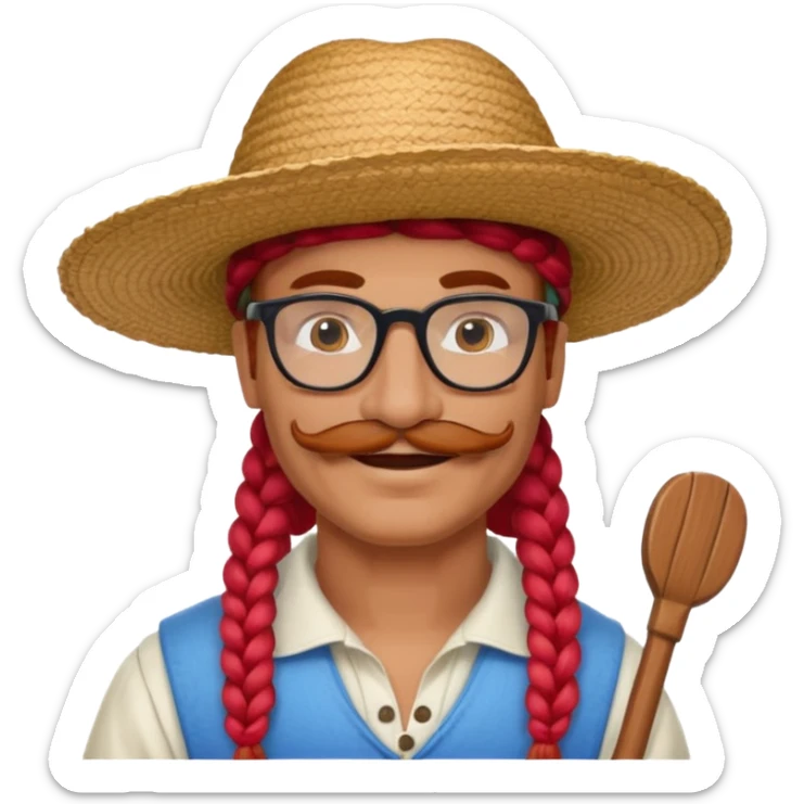 venice gondolier with long red braided hair, iconic hat, normal glassess and mustache sticker