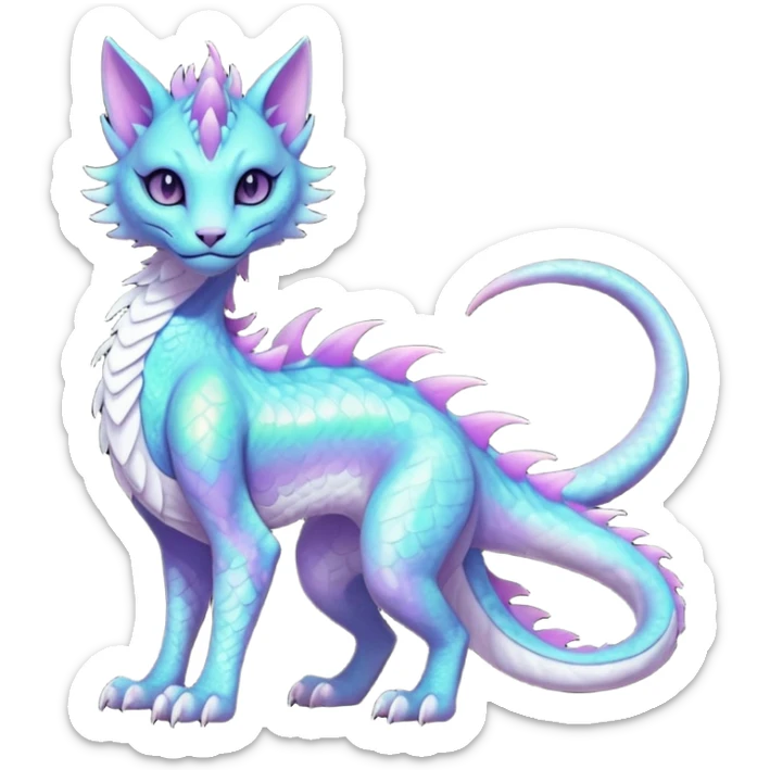 Kawaii black pastel iridescent beautiful pretty elegant divine edgy fantasy feline-vernid-sergal-Haku-dragon-fursona animal creature, full body with intricate markings  sticker